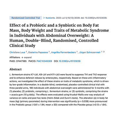 Effect of a Probiotic and a Synbiotic on Body Fat Mass, Body Weight and Traits of Metabolic Syndrome in Individuals with Abdominal Overweight: A Human, Double-Blind, Randomised, Controlled Clinical Study