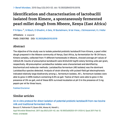 Identification and characterisation of lactobacilli isolated from Kimere, a spontaneously fermented pearl millet dough from Mbeere, Kenya (East Africa)
