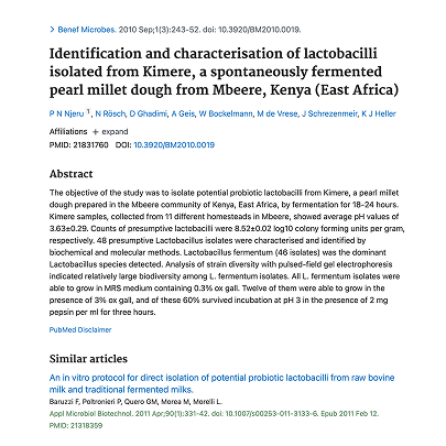 Identification and characterisation of lactobacilli isolated from Kimere, a spontaneously fermented pearl millet dough from Mbeere, Kenya 