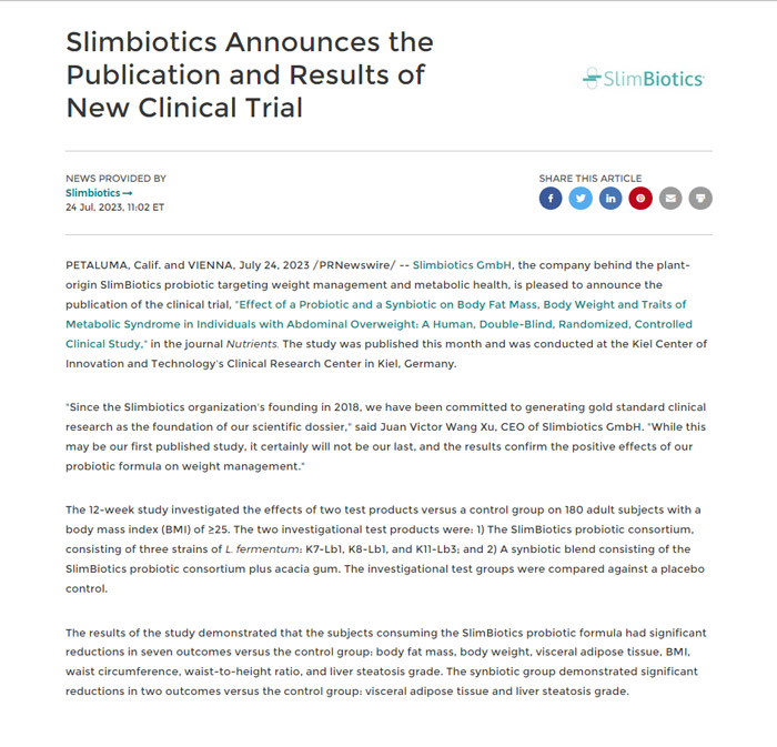 Slimbiotics Announces the Publication and Results of New Clinical Trial